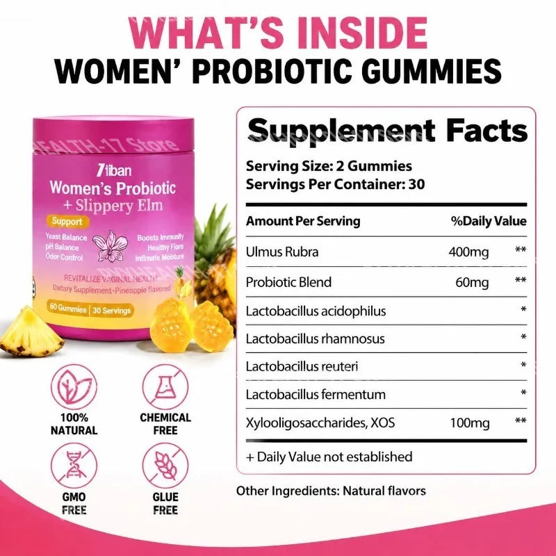 Women'S Probiotic + Slippery Elm Gummies with PH Balance Support Odor Control and Healthy Flora Support 60 Gummies