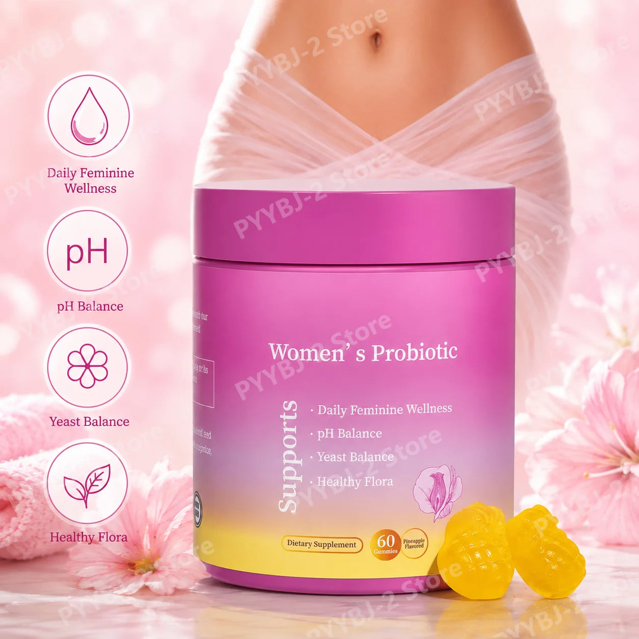 Probiotic Gummies Pineapple Flavor with Prebiotics for Daily Gut Health Support Maintain PH Balance 60Pcs per Bottle